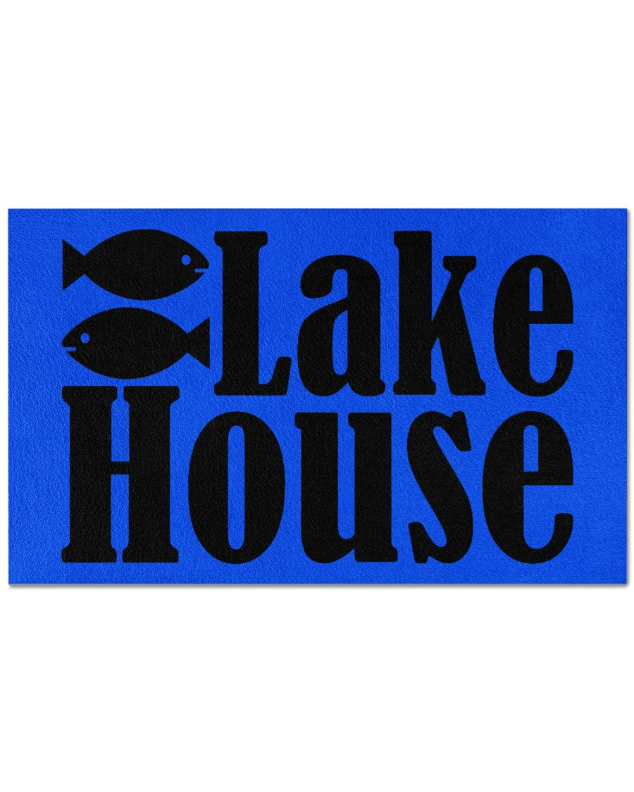 bright blue lake house doormat