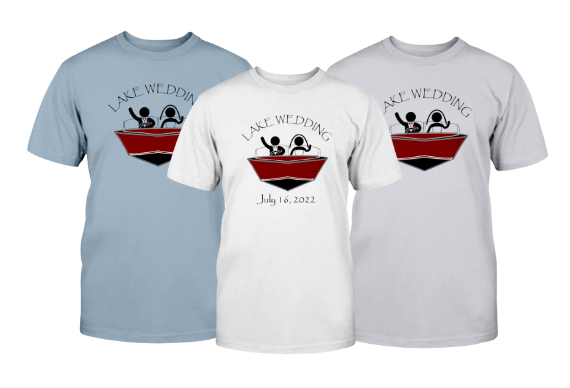 Lake wedding Tshirt in three colors. Bride and groom in a boat