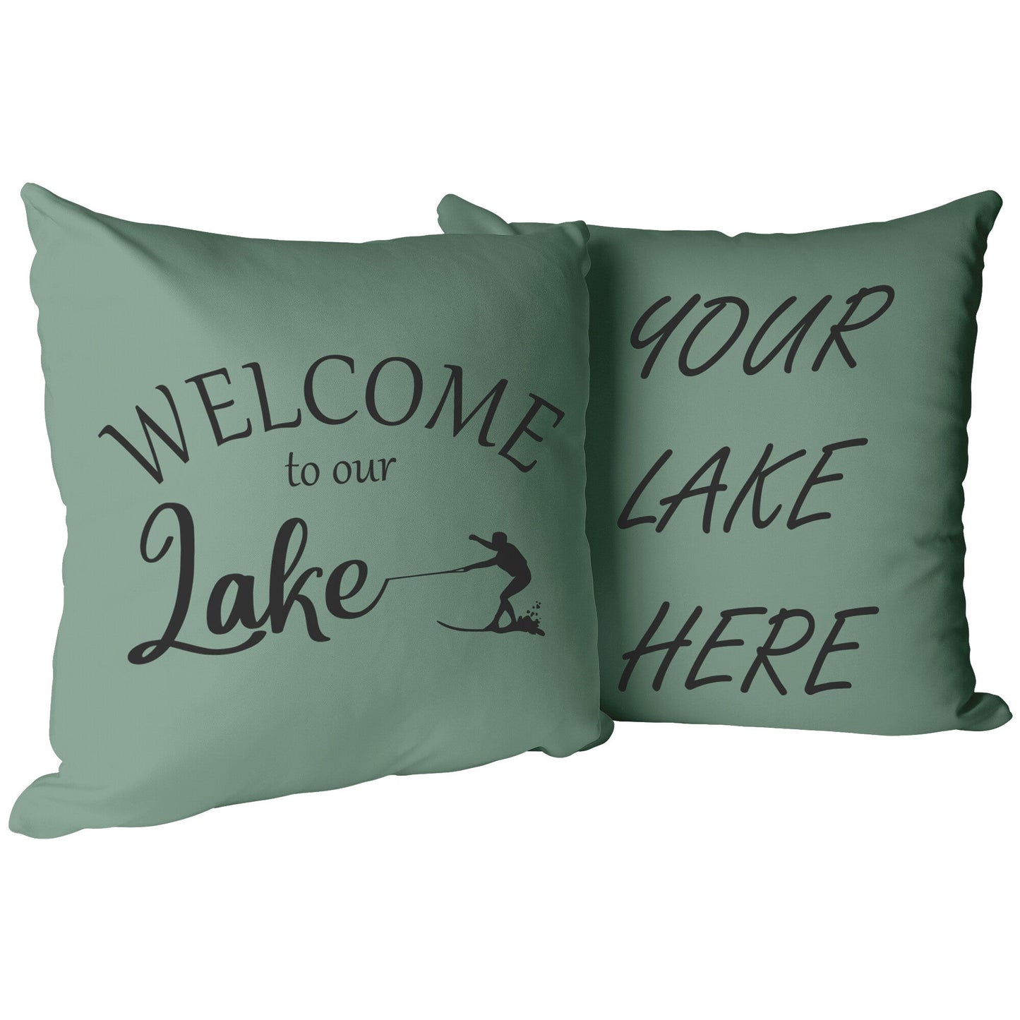 Sage green welcome to our lake custom pillow. add your lake