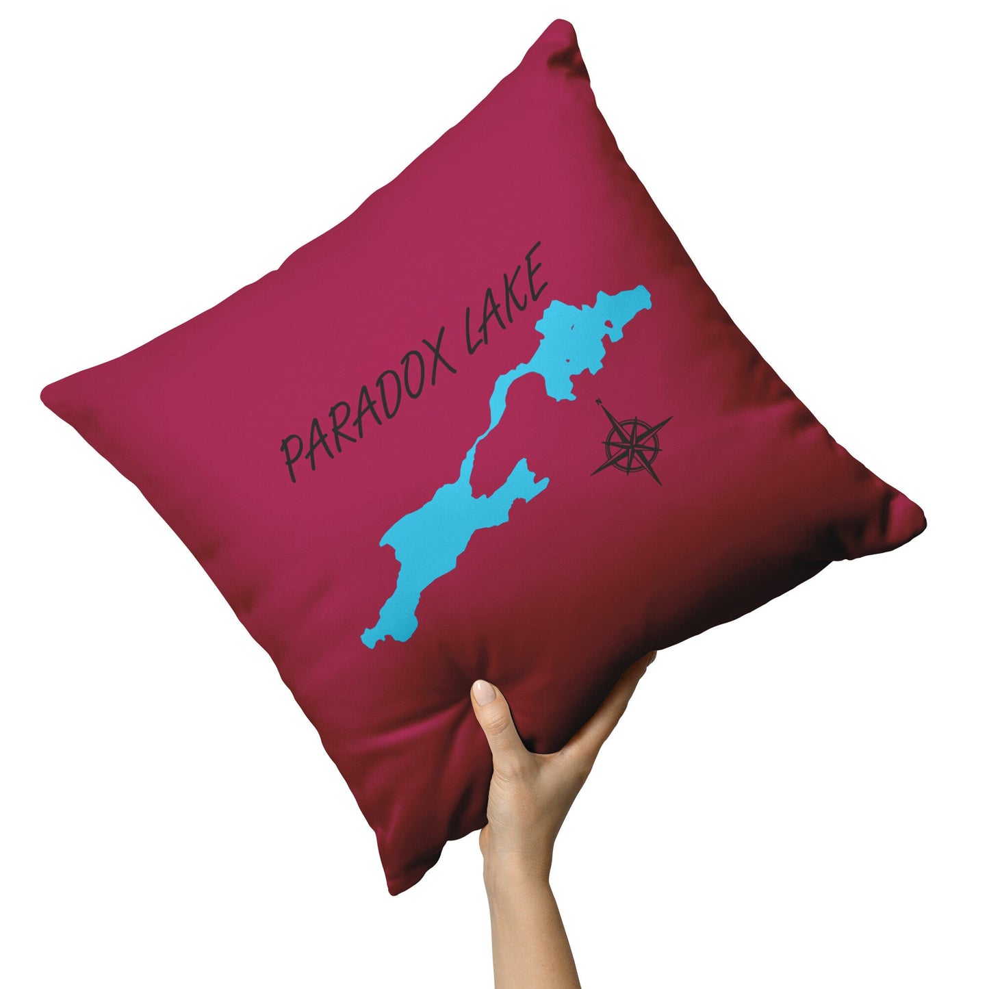 Cranberry red custom lake pillow. Paradox Lake, NY