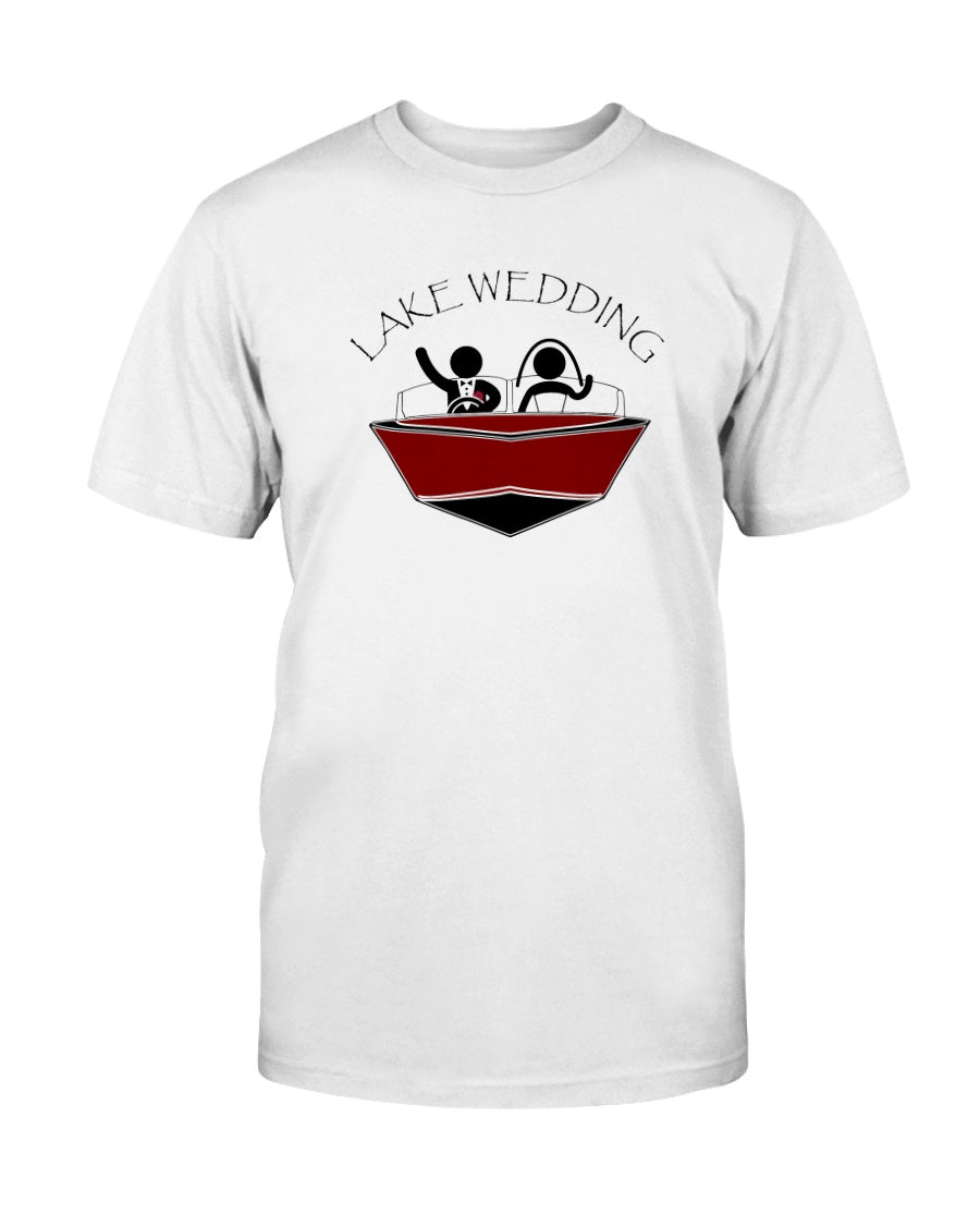 Lake Wedding Tshirt graphic. Bride and groom in a boat. add wedding date