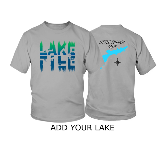 Youth t-shirt lake life reflected graphic on gray. add your lake on the back