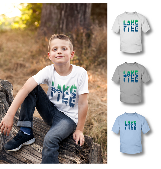 youth lake life t-shirt, Lake life reflected graphic in three colors.