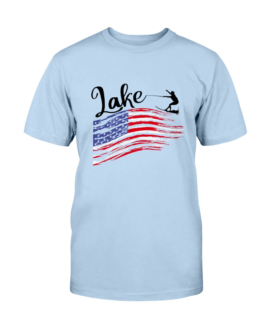 adult light blue T-shirt. Wake boarder on us flag.