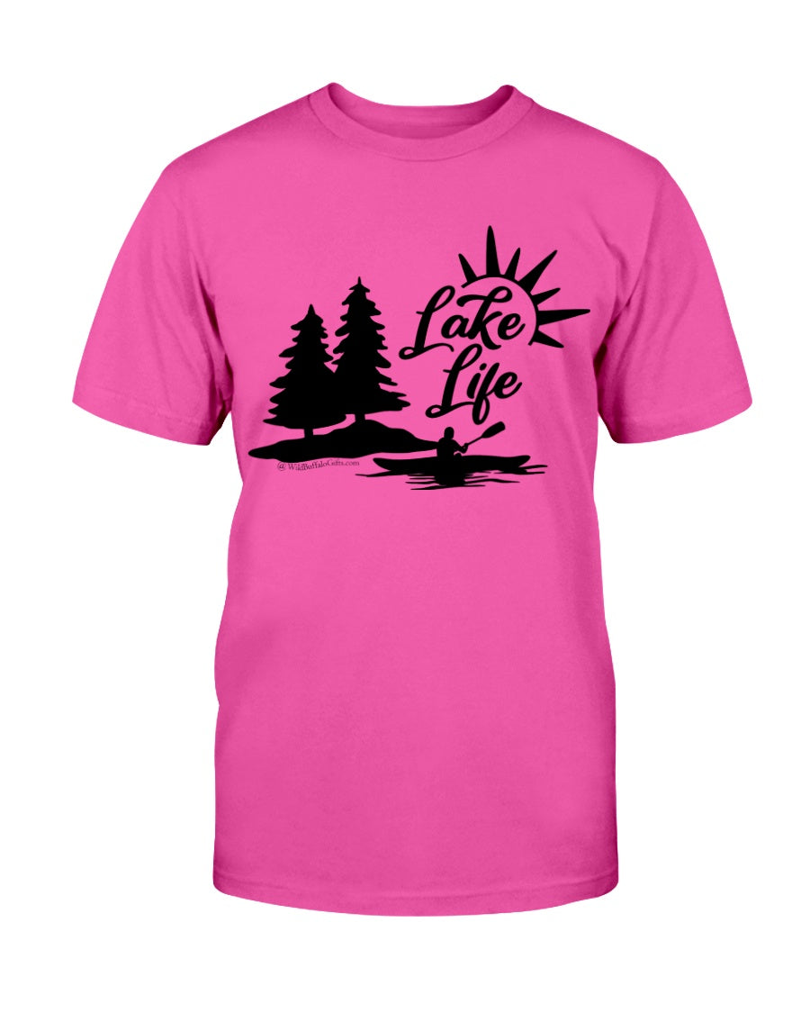 hot pink T-shirt with bold scenic lake life graphic