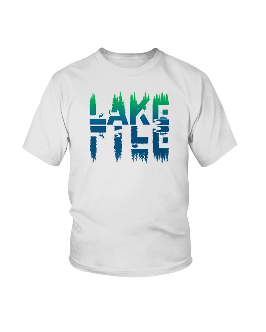 white t-shirt. Reflected lake life graphic in blue and green.