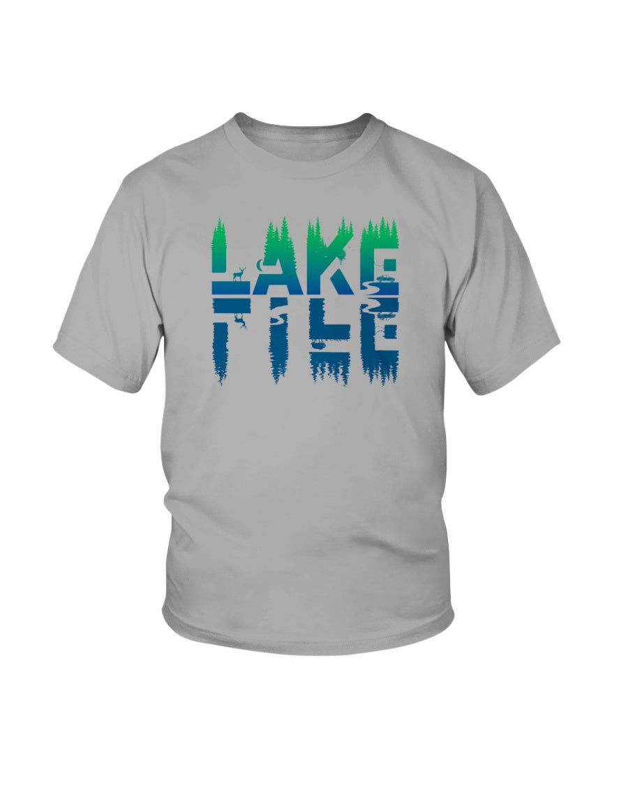 light gray t-shirt. blue and green lake life graphic. your life reflected in the lake.