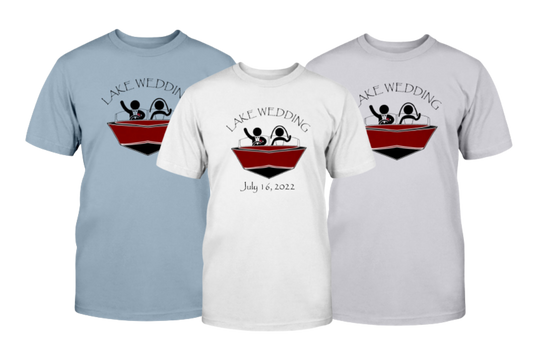 Lake wedding Tshirt in three colors. Bride and groom in a boat