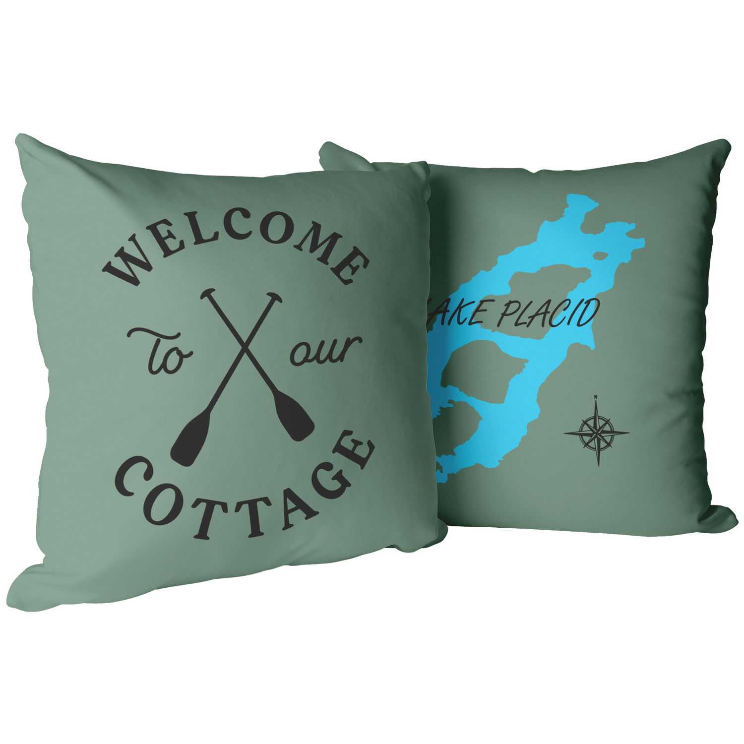 Sage green welcome to our cottage pillow featuring lake placid, NY