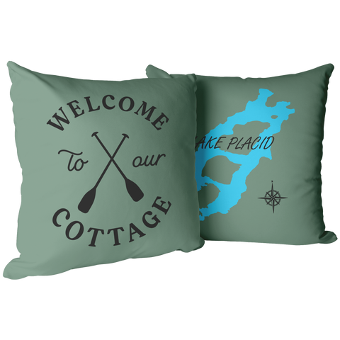 Sage green welcome to our cottage pillow featuring lake placid, NY