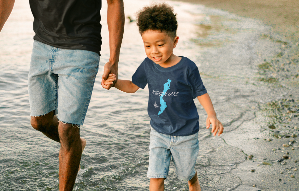 little boy with custom lake Tshirt.  Shroon lake