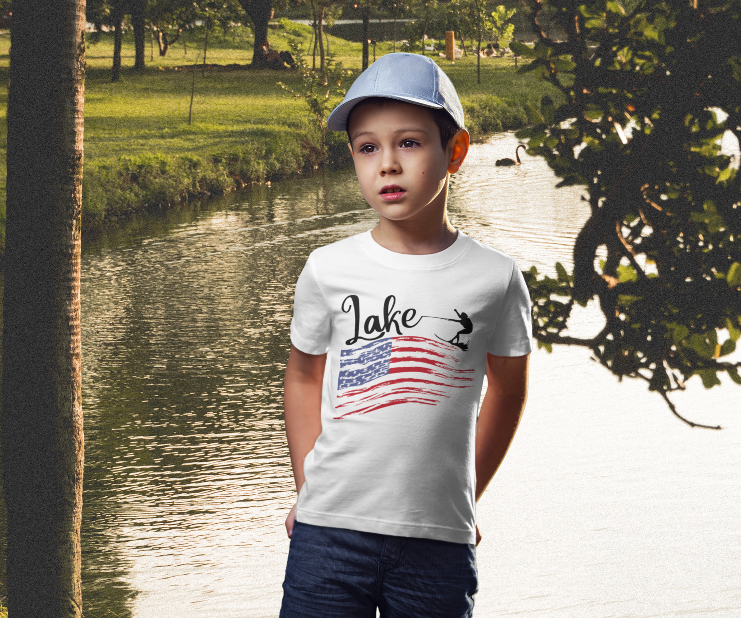 child wearing American lake water sport T-shirt in white