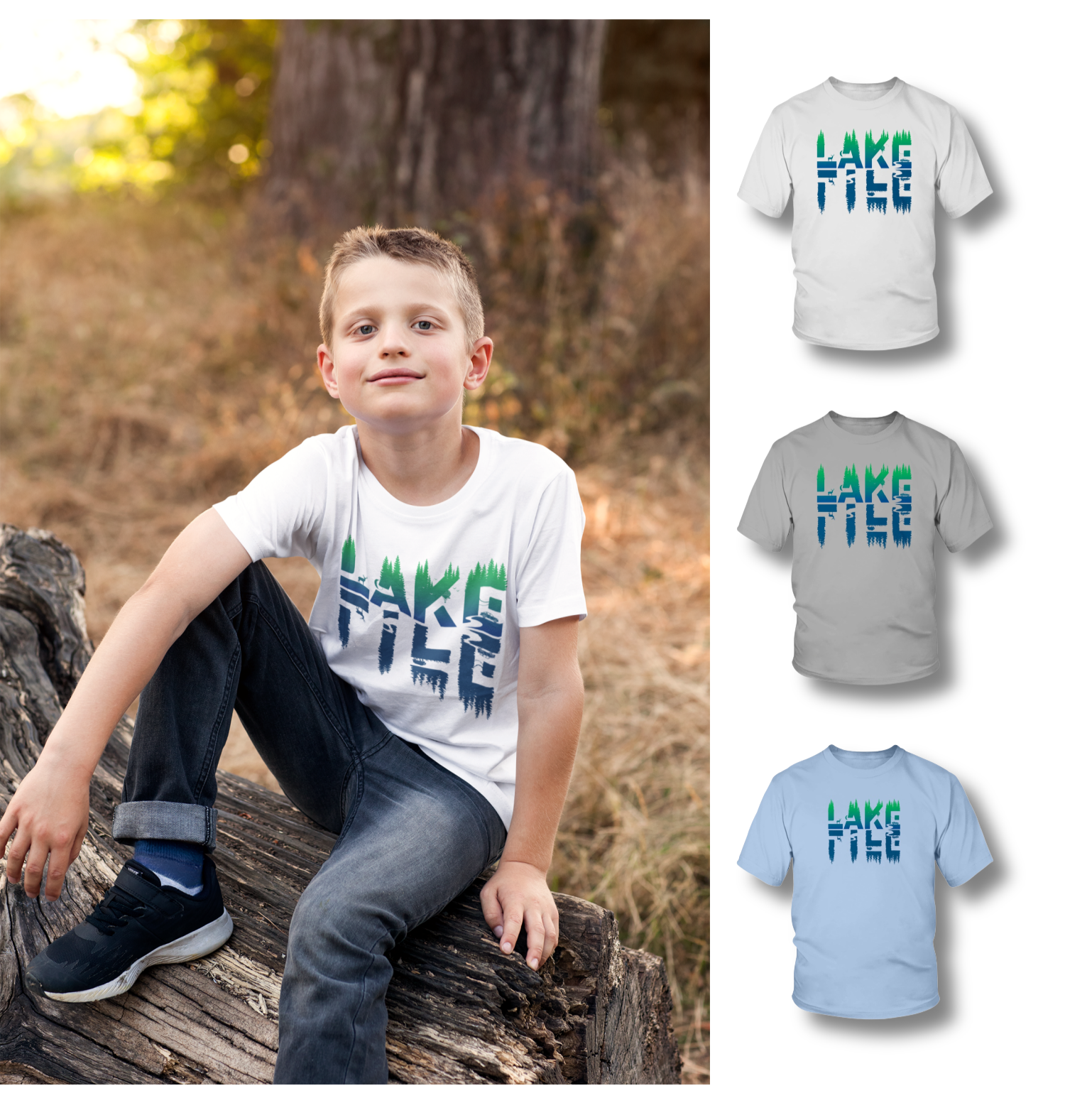 youth lake life t-shirt, Lake life reflected graphic in three colors.