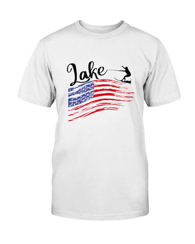 White t-shirt. Red, white, and blue american flag at the lake. water sport.