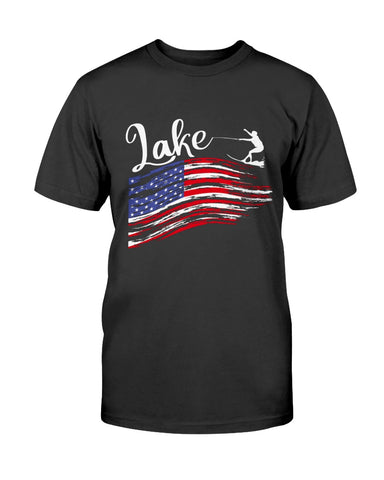 Adult Black t-shirt. Wake board on American flag t-shirt