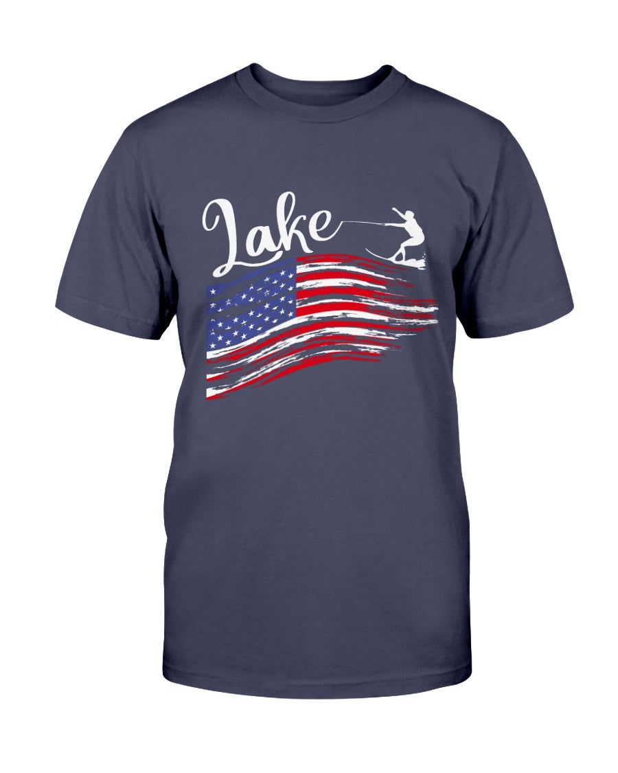 wake boarder or water skier over the American flag t-shirt.
