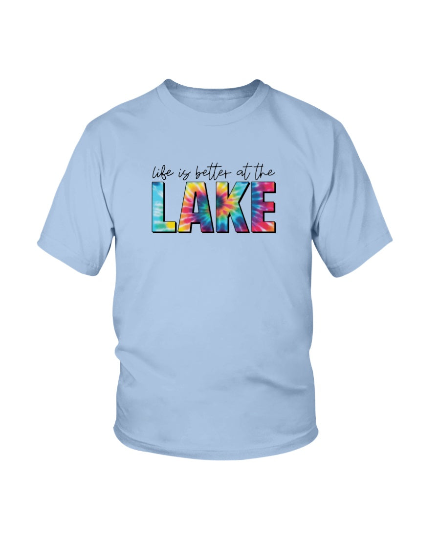 Blue tie dye life is better at the lake. youth t-shirt