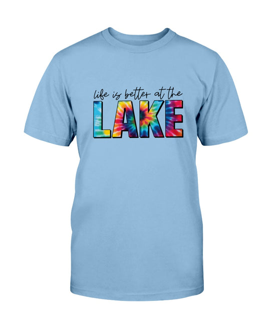 Adult blue Tye Dye t-shirt. LIfe is better at the lake.