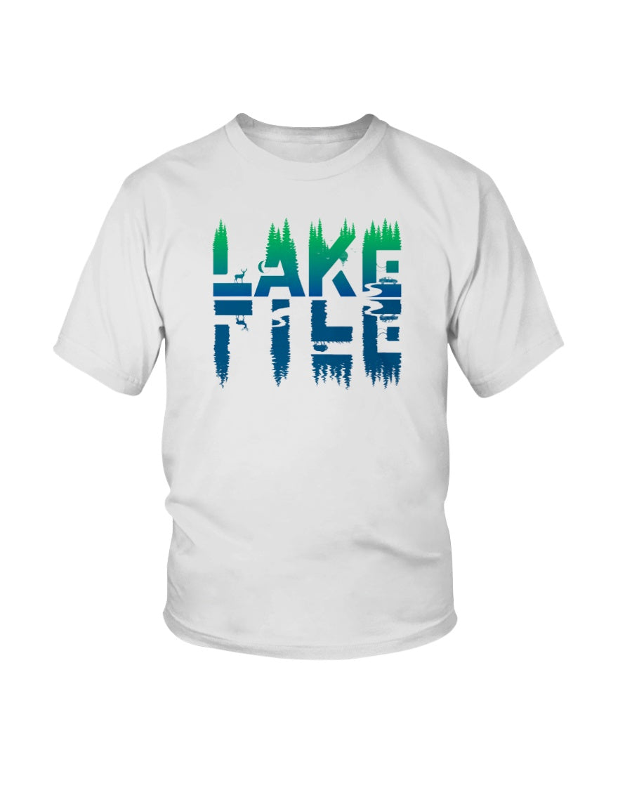 white t-shirt.  Reflected lake life graphic in blue and green.