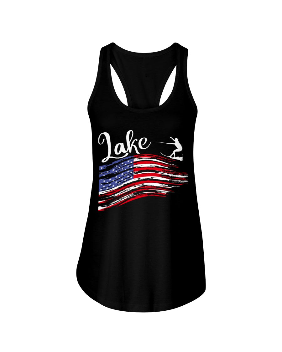 Black women's tank top. Graphic wakeboarder over us red white and blue flag