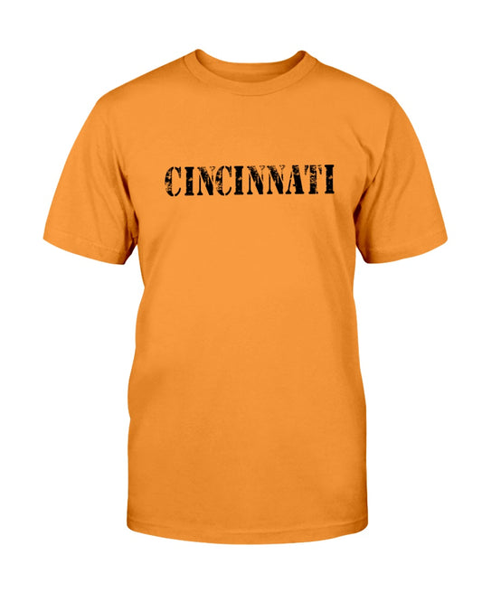 cincinnati distressed lettering inmate orange graphic tee