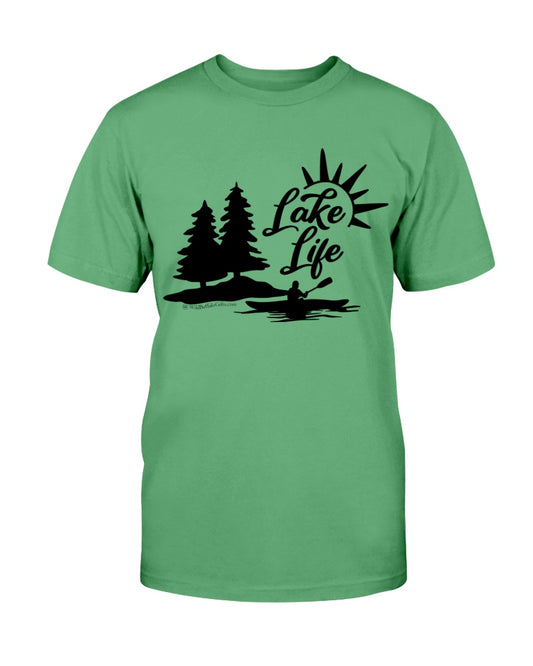 Green t-shirt with scenic lake life graphic