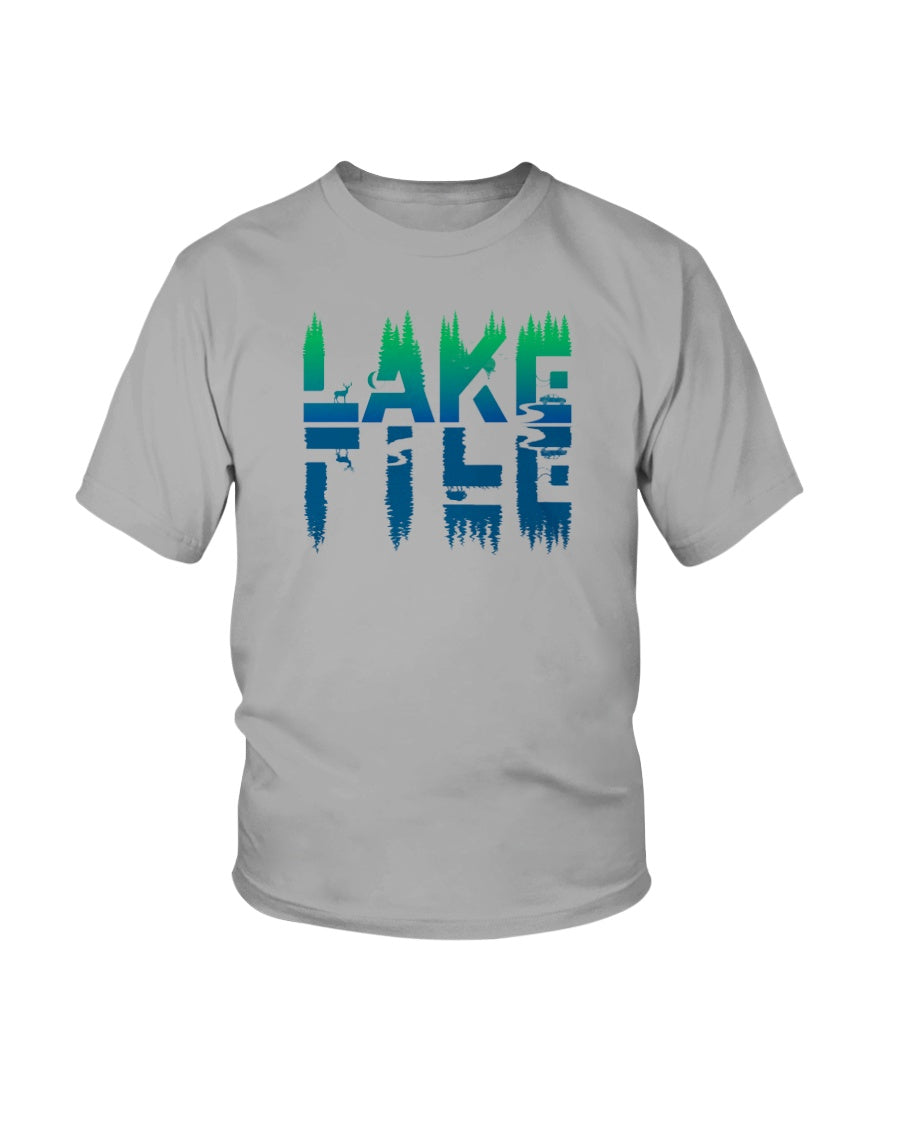 light gray t-shirt.  blue and green lake life graphic.  your life reflected in the lake.